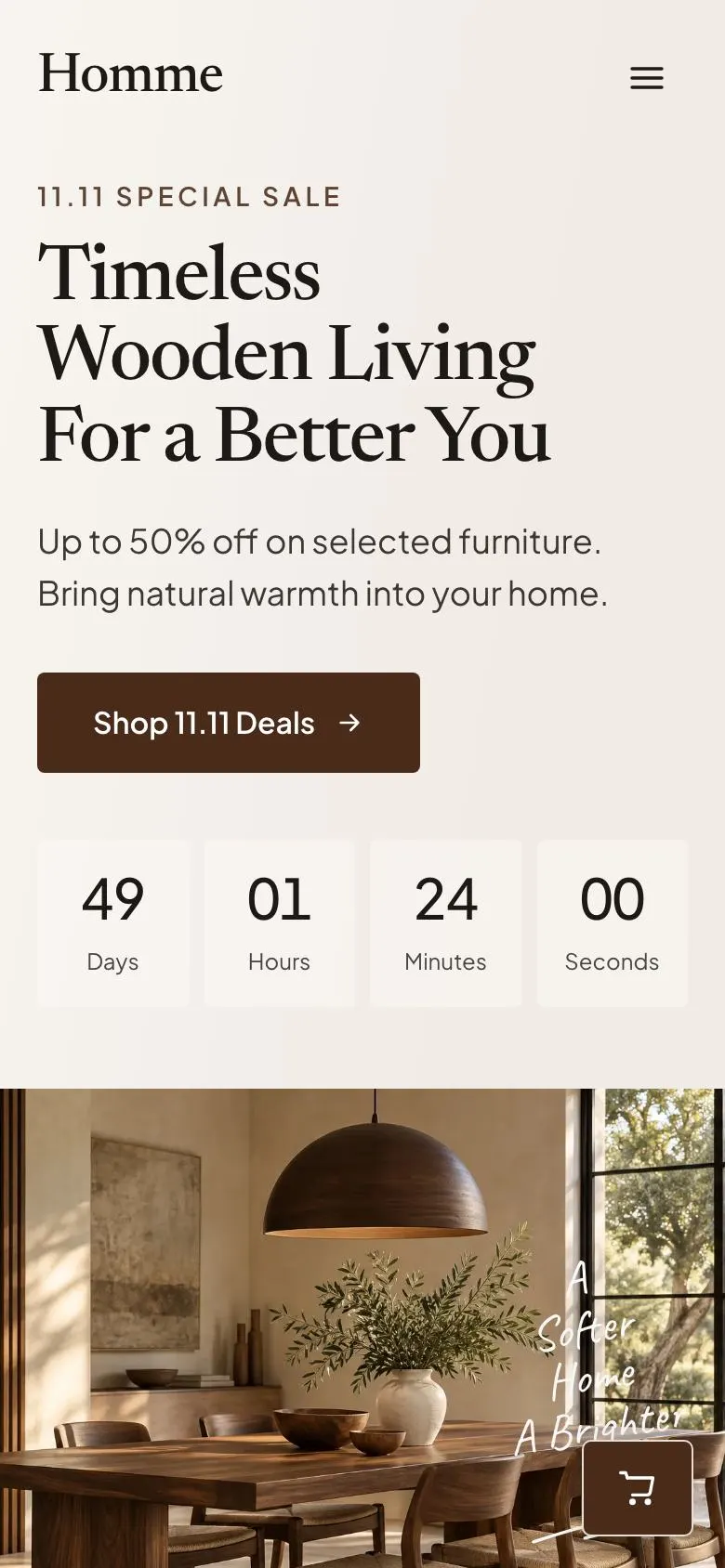Wooden Furniture Sale landing page template on a phone