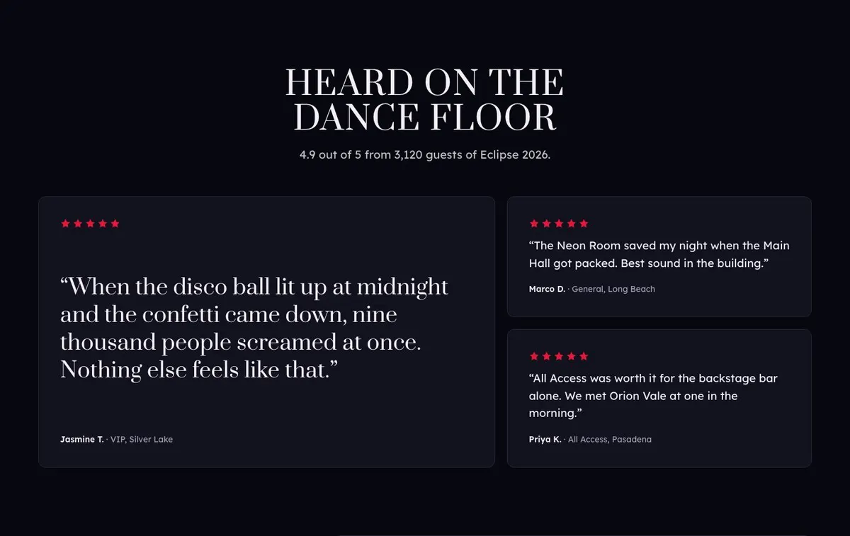 New Year Party template — Reviews section