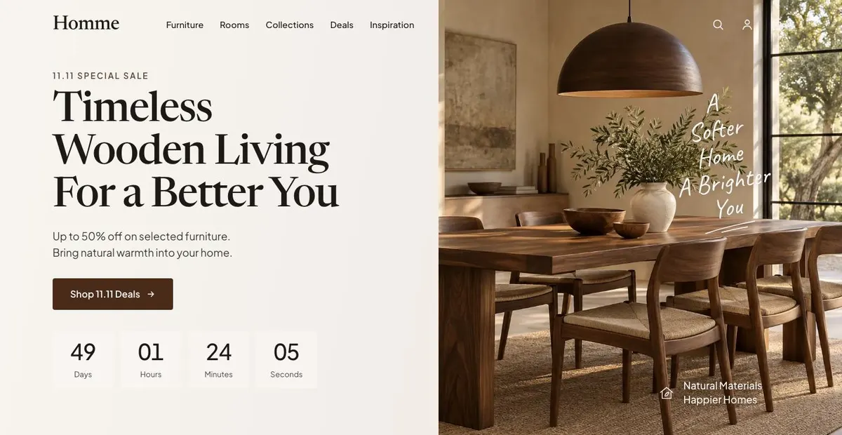 Wooden Furniture Sale template — Hero section