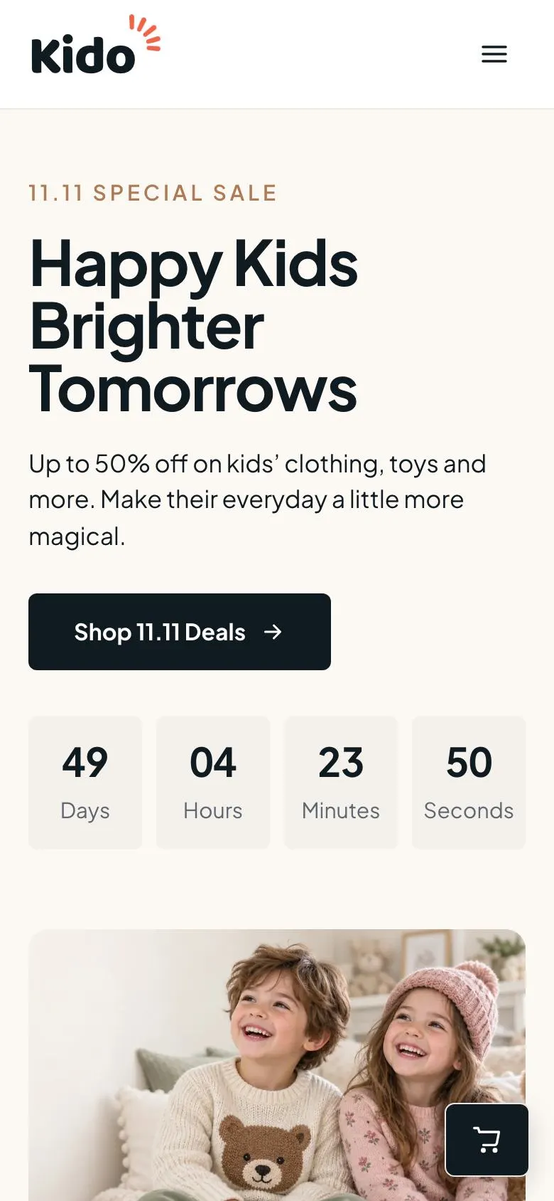 Kids 11.11 Sale landing page template on a phone