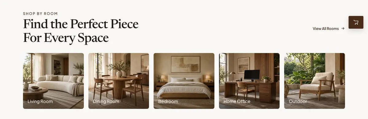 Wooden Furniture Sale template — Rooms section