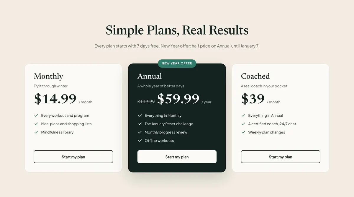 New Year Fitness template — Pricing section