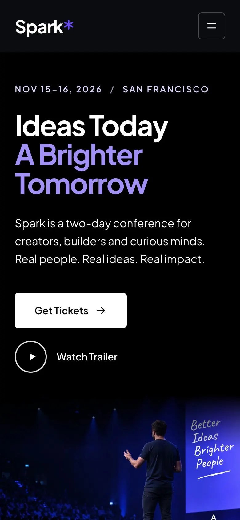 Creator Conference landing page template on a phone