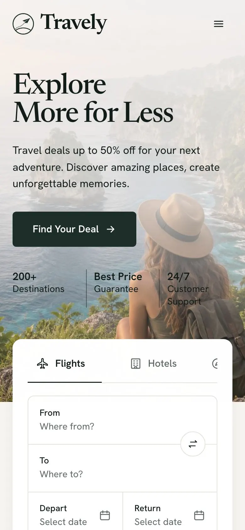 Travel Deals Search landing page template on a phone