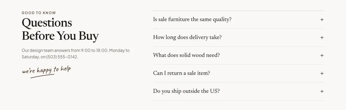 Wooden Furniture Sale template — Questions section