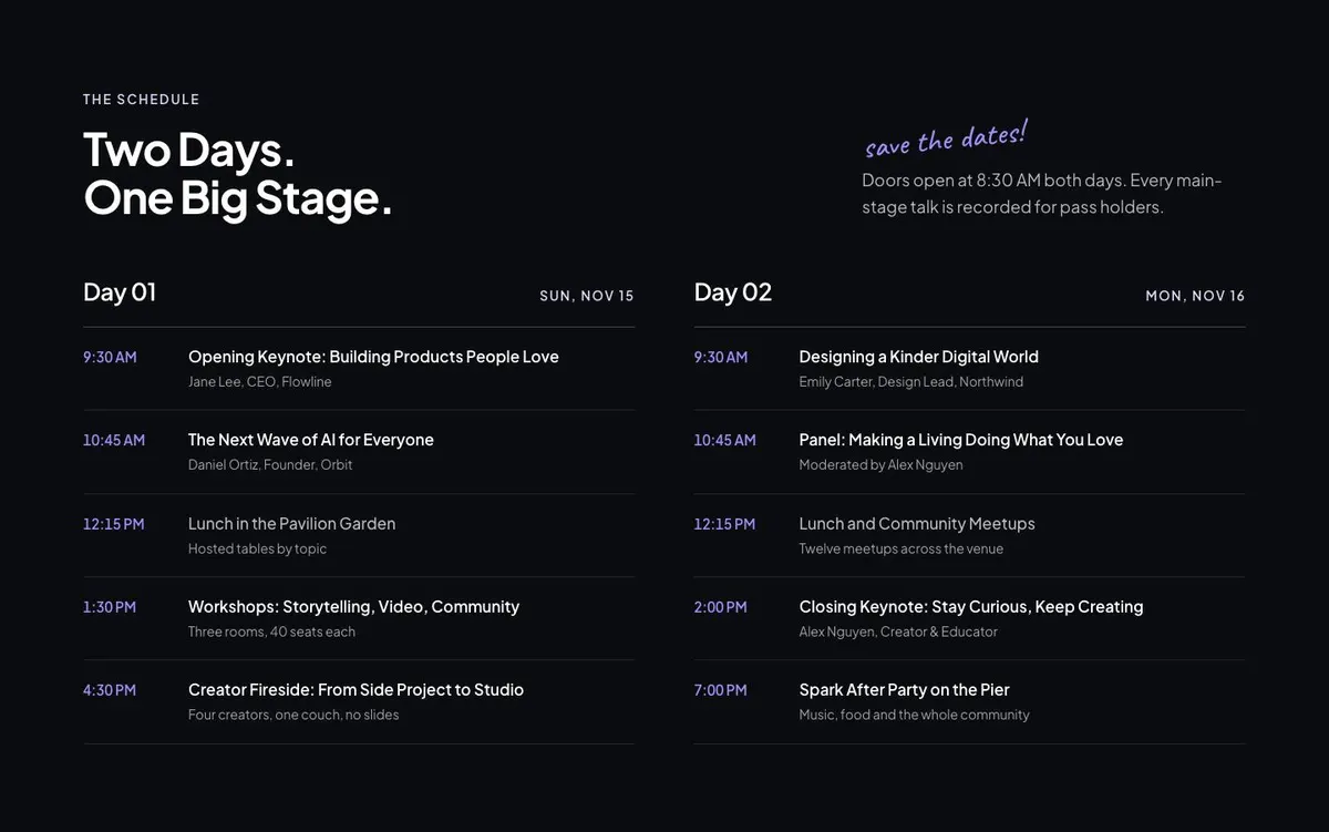 Creator Conference template — Schedule section