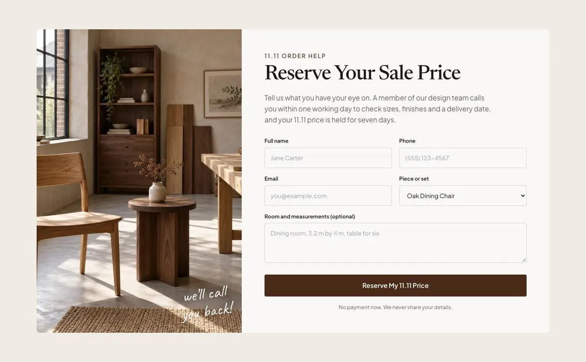 Wooden Furniture Sale template — Order section