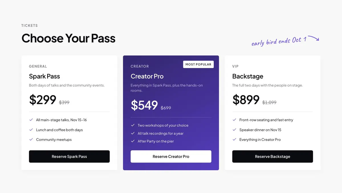 Creator Conference template — Tickets section