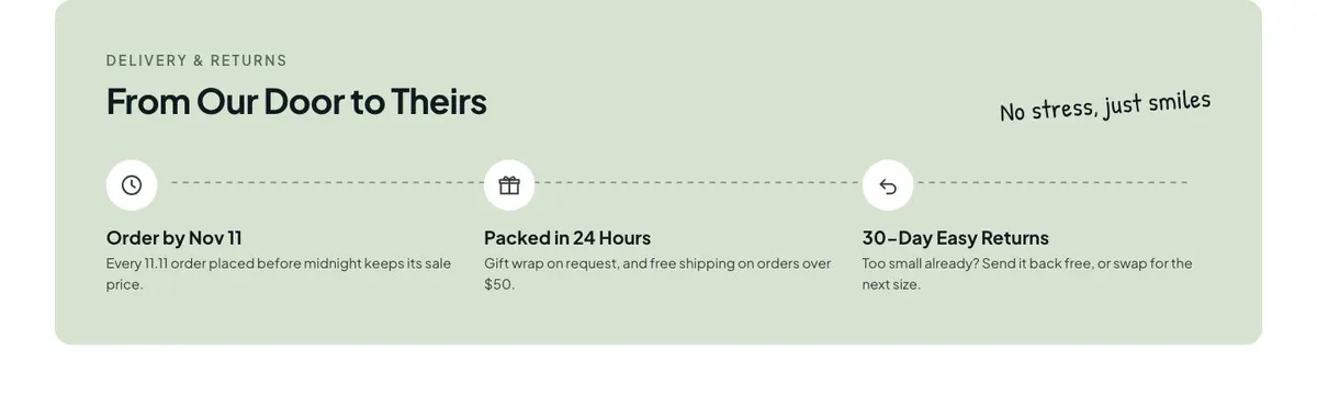 Kids 11.11 Sale template — Delivery & Returns From Our Door section