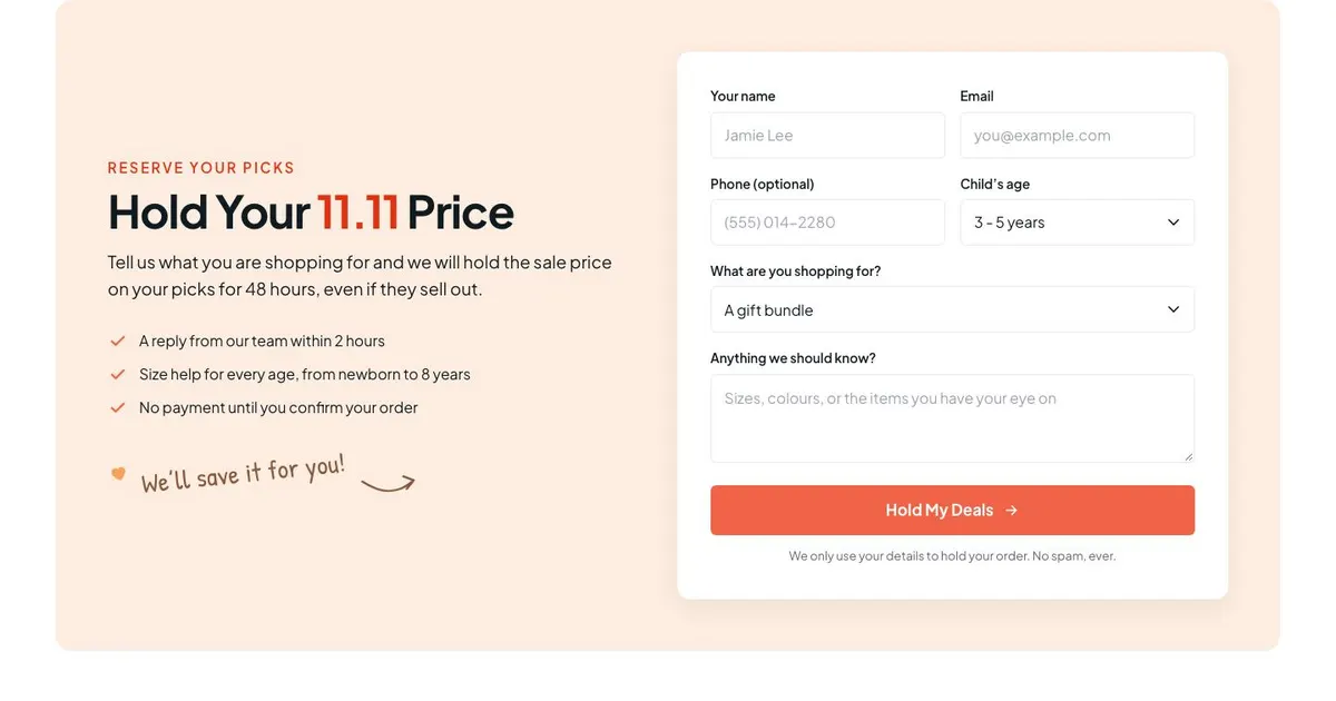 Kids 11.11 Sale template — Order section