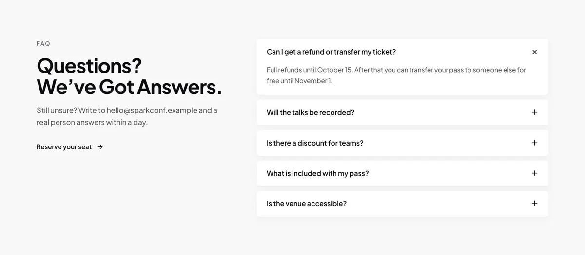 Creator Conference template — Questions section