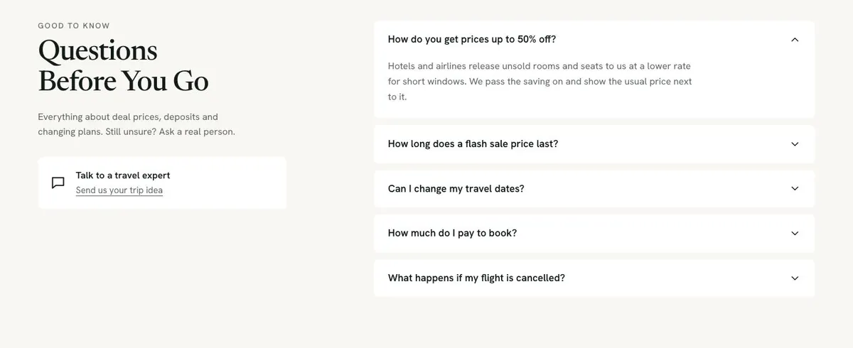 Travel Deals Search template — Questions section