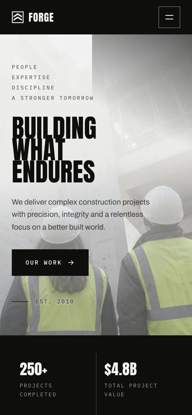 Construction landing page template on a phone