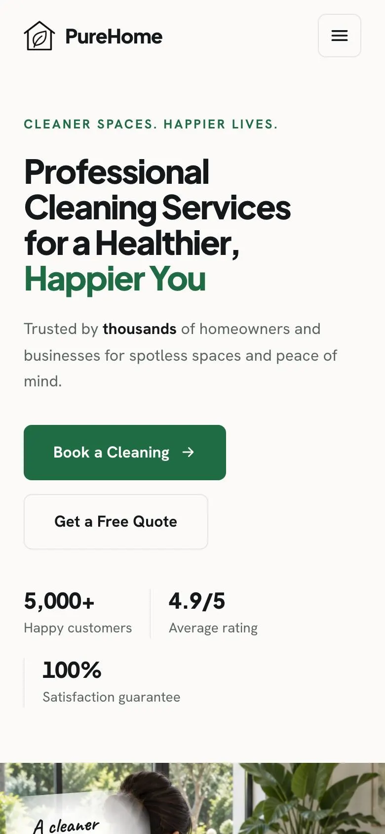 Cleaning Services landing page template on a phone