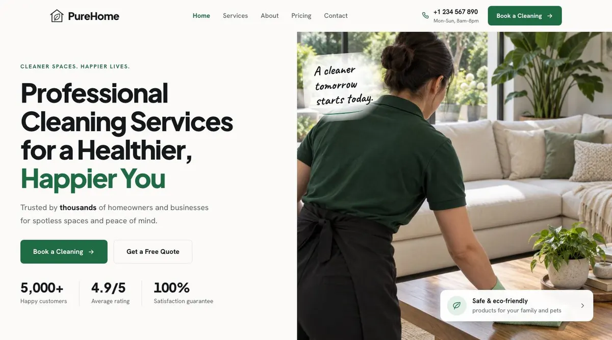 Cleaning Services template — Hero section
