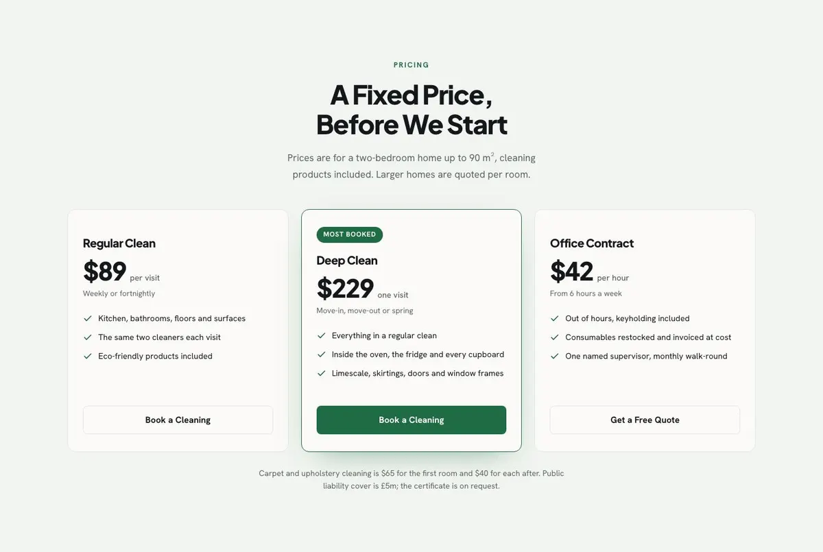 Cleaning Services template — Pricing section