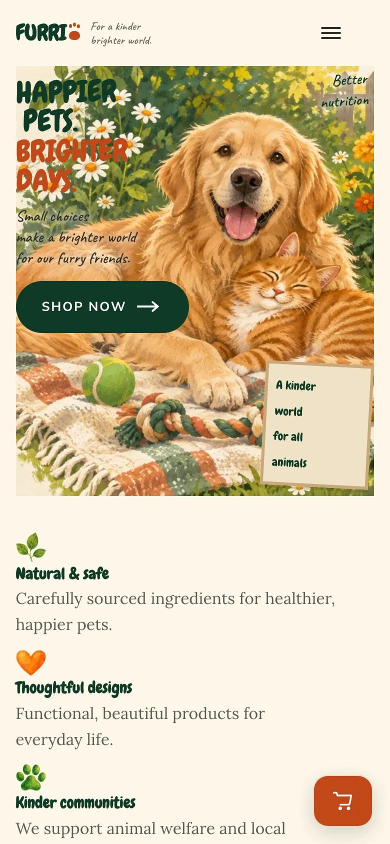 Pet Care landing page template on a phone