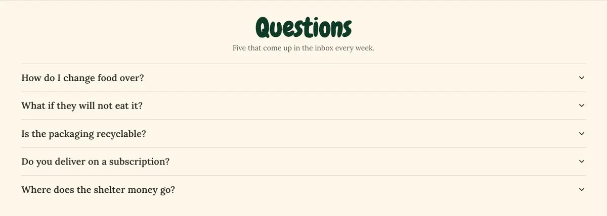 Pet Care template — Questions section