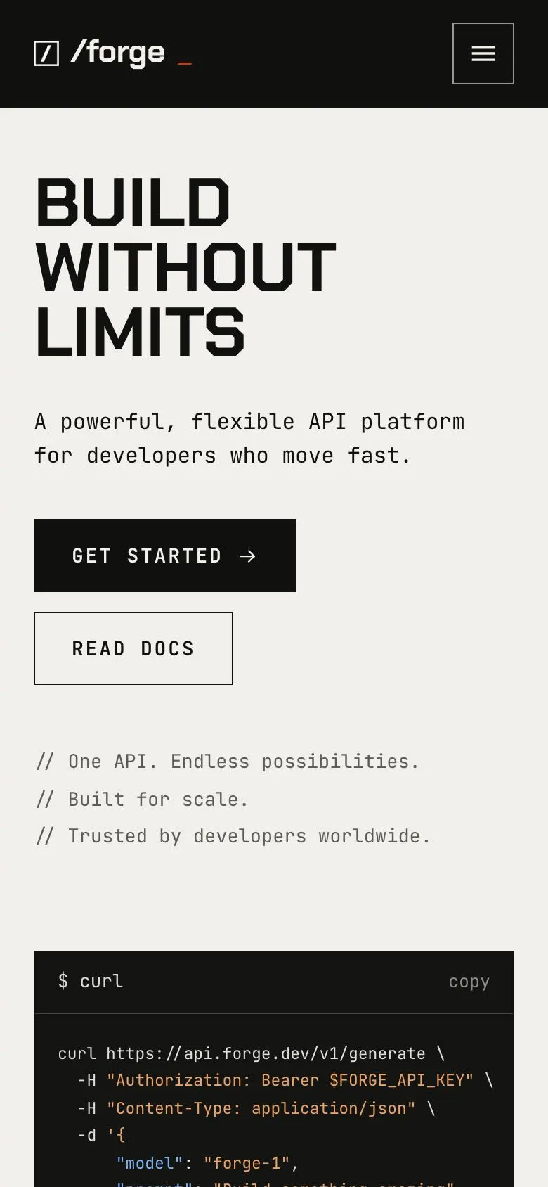Developer Tool landing page template on a phone