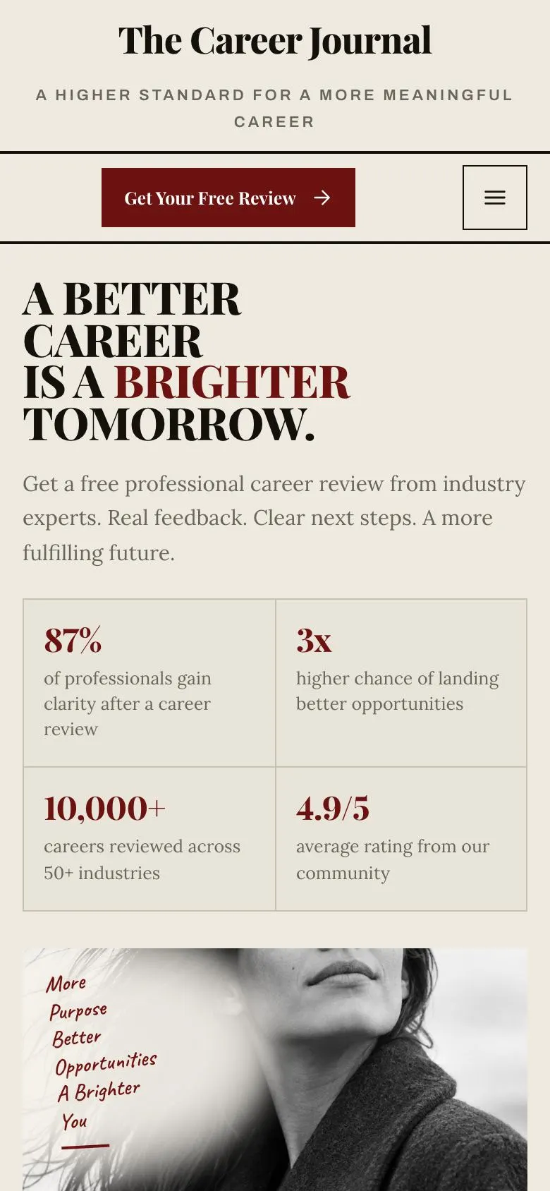 Broadsheet Editorial landing page template on a phone