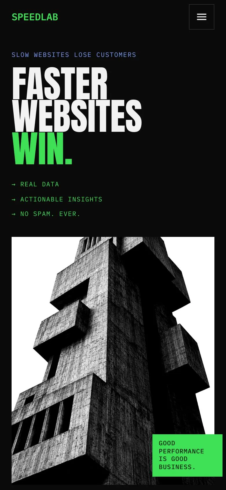 Raw Monospace landing page template on a phone