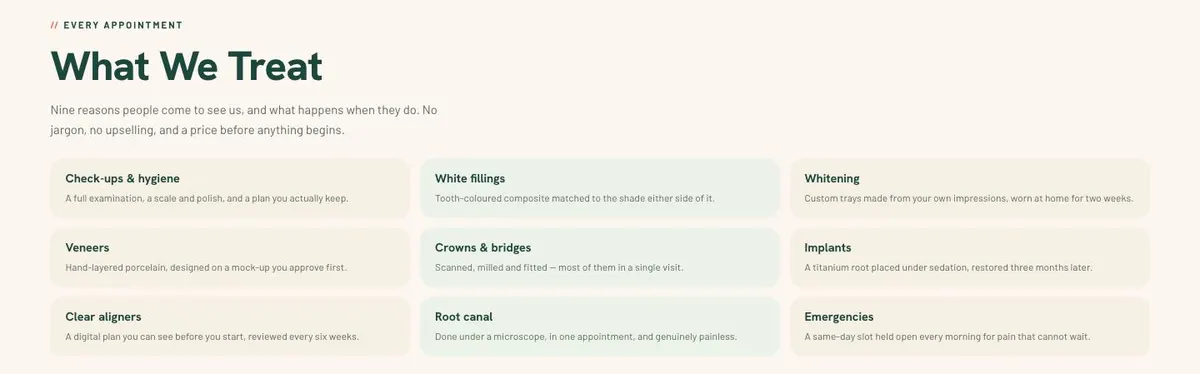 Calm Clinic template — Treatments section