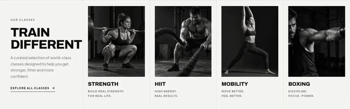 Boutique Studio template — Classes section