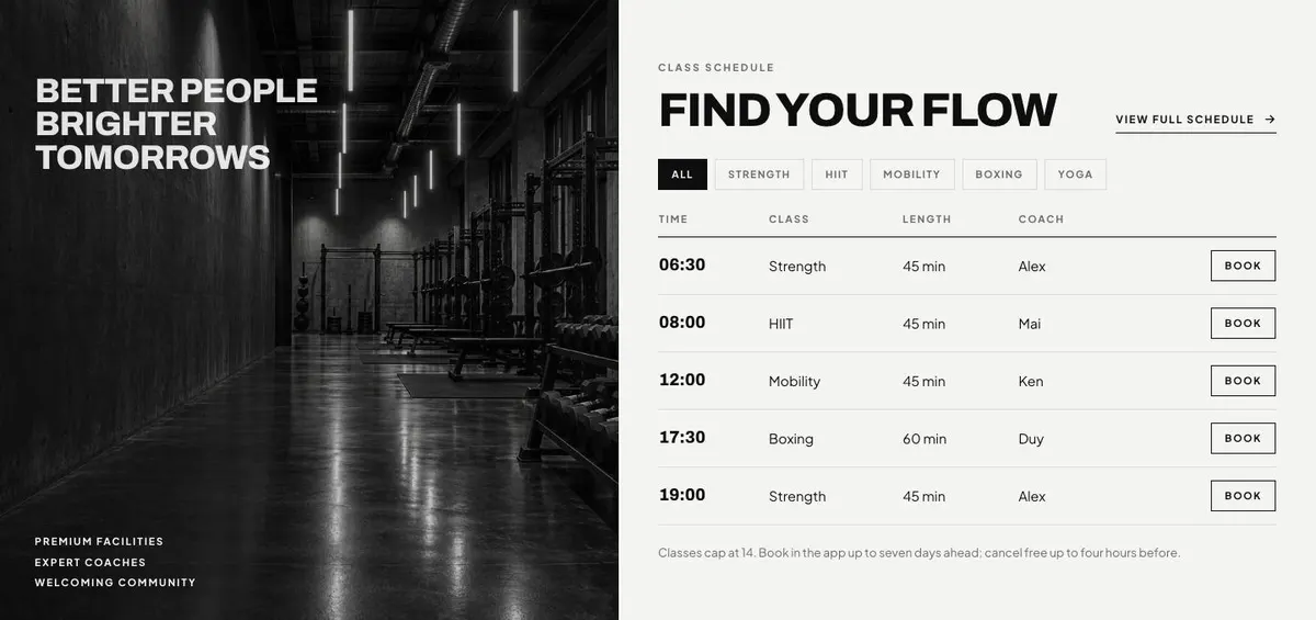 Boutique Studio template — Schedule section