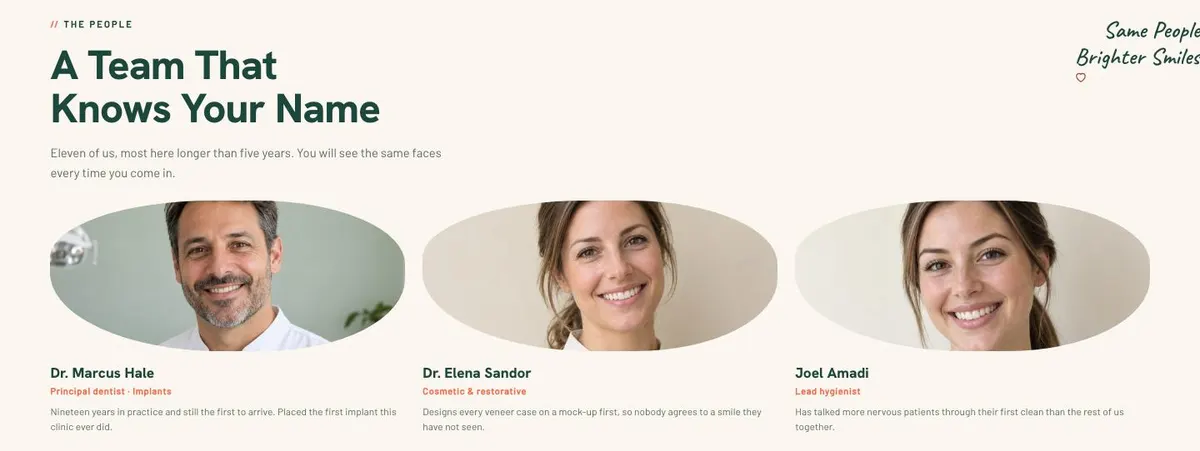 Calm Clinic template — Team section