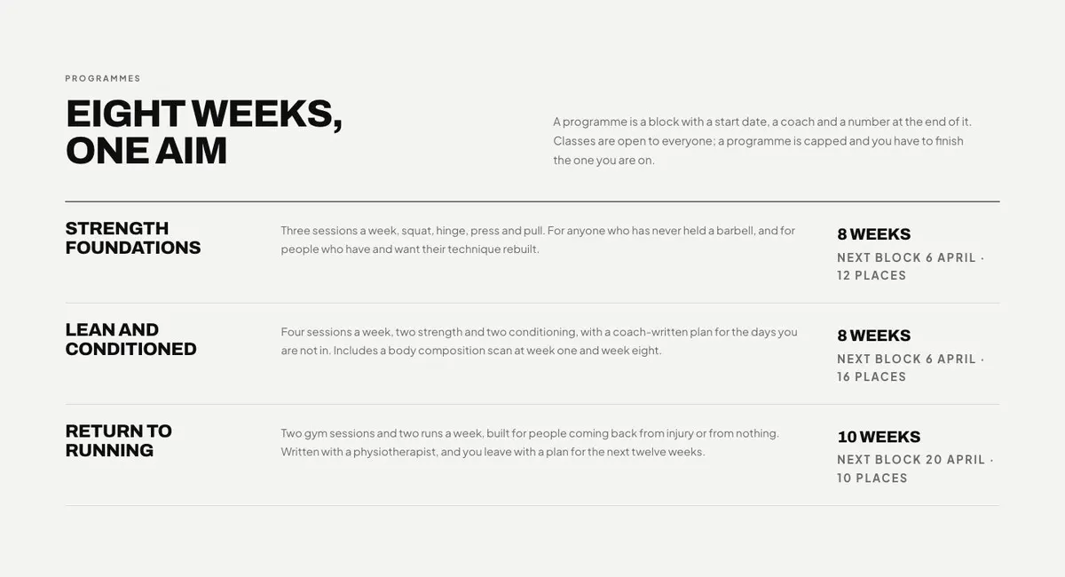 Boutique Studio template — Programs section