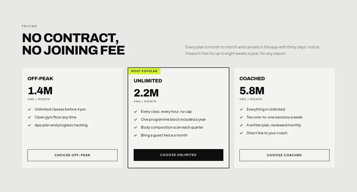 Boutique Studio template — Pricing section