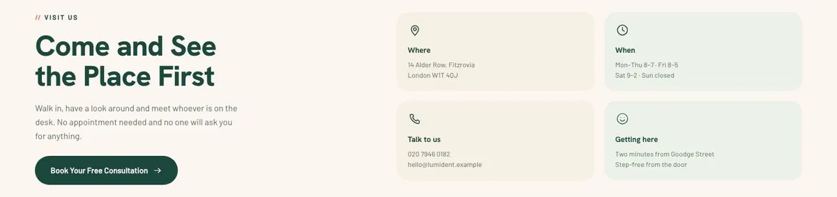 Calm Clinic template — Contact section