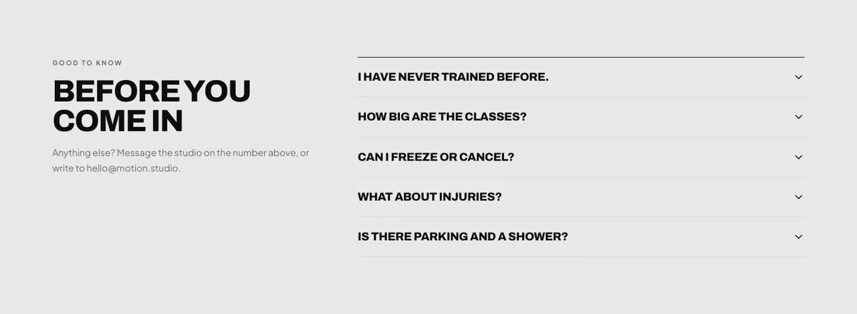 Boutique Studio template — Questions section
