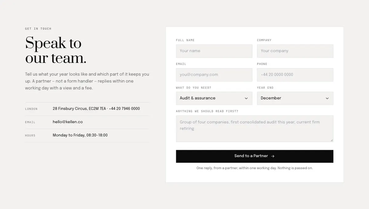 Counsel Practice template — Contact section