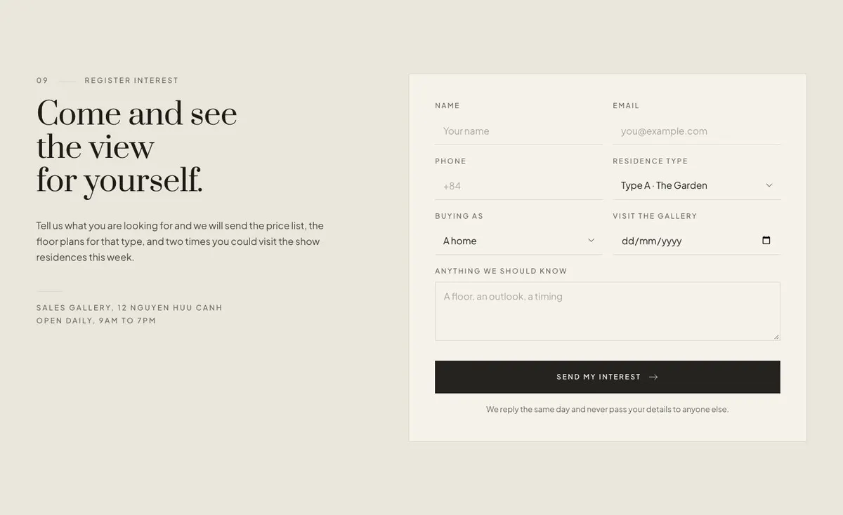Residence Launch template — Register section
