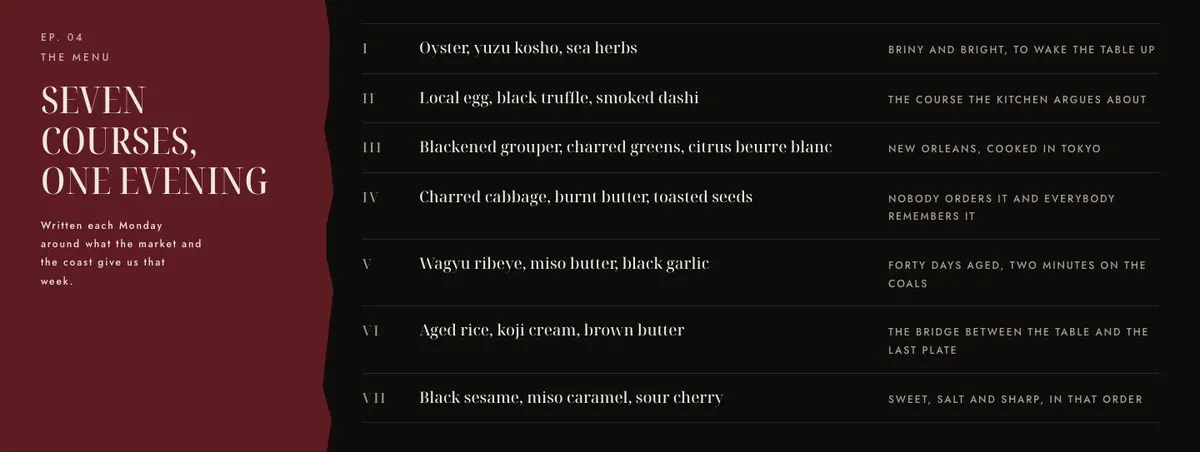 Chef's Table template — Menu section