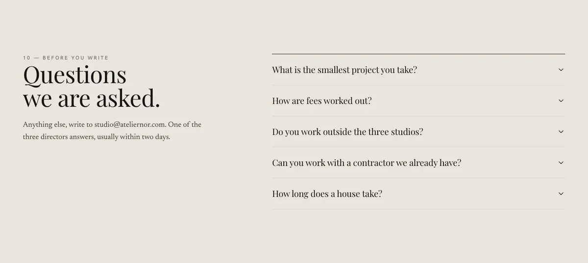 Studio Index template — Questions section