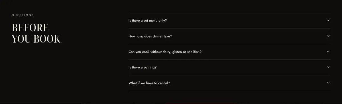 Chef's Table template — Questions section