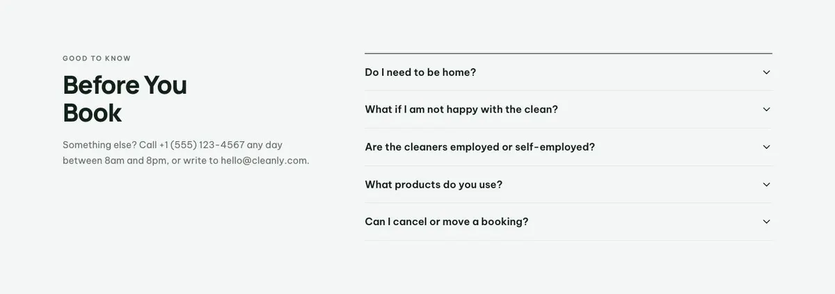 Trade Shopfront template — Questions section