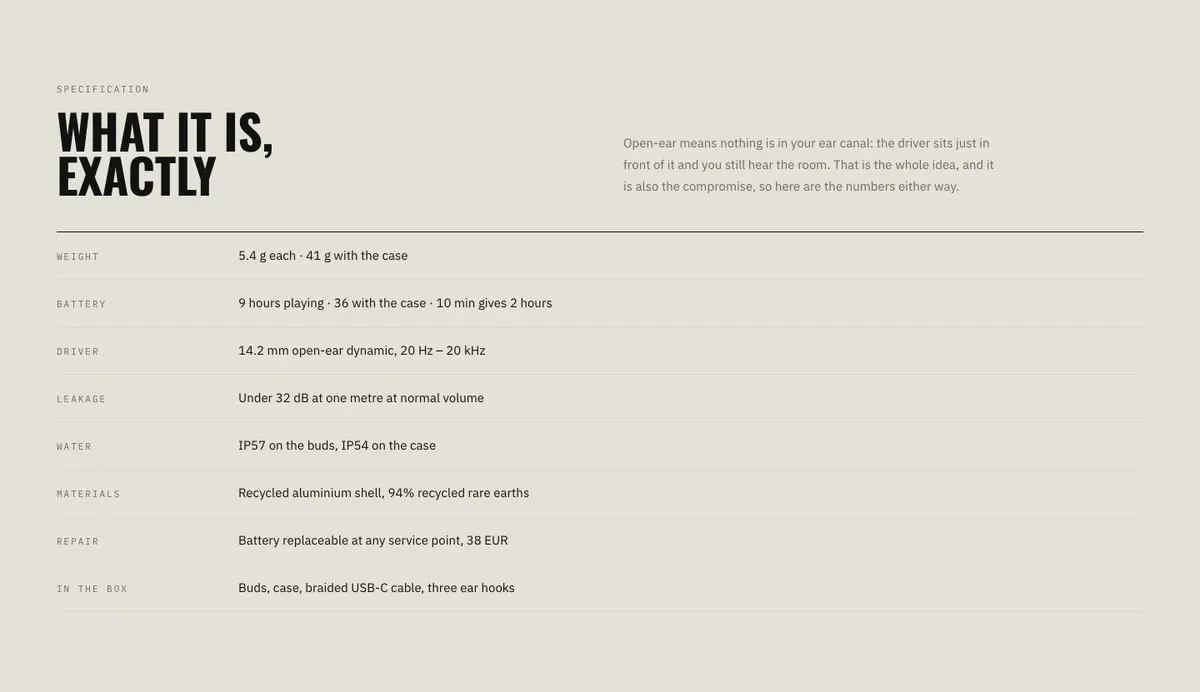 Single Product Launch template — Specs section