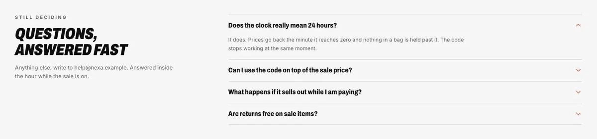 Dated Flash Sale template — Questions section