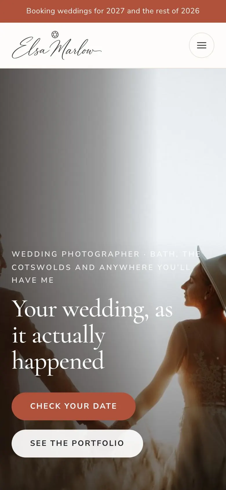 Wedding Photographer landing page template on a phone