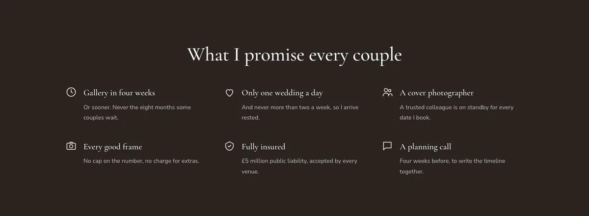 Wedding Photographer template — Promises section