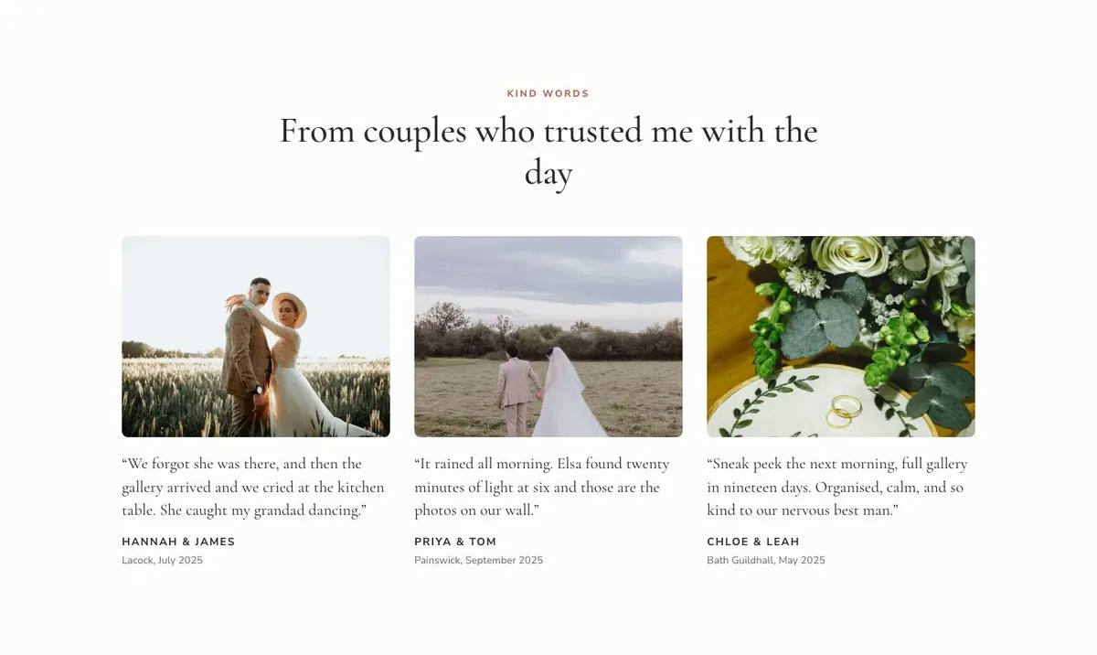 Wedding Photographer template — Kind Words section