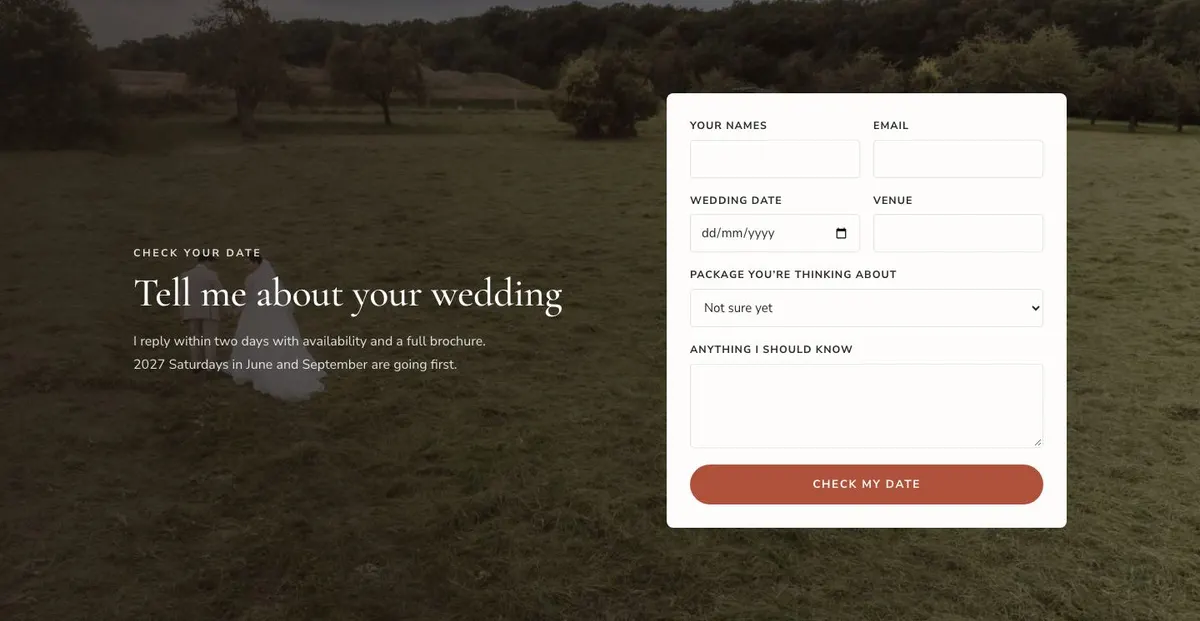 Wedding Photographer template — Enquire section