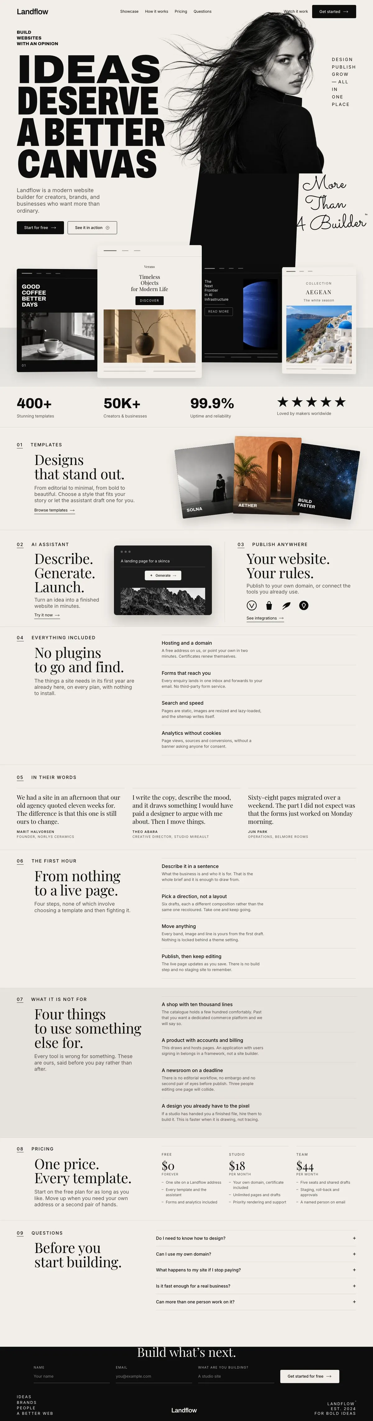 Website Builder Studio template, the whole page on desktop