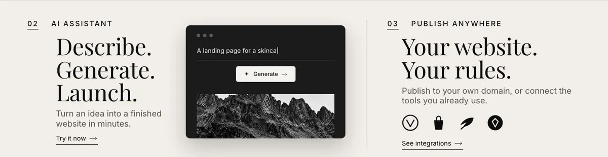 Website Builder Studio template — 02 AI assistant Describe. Generate. Launch section