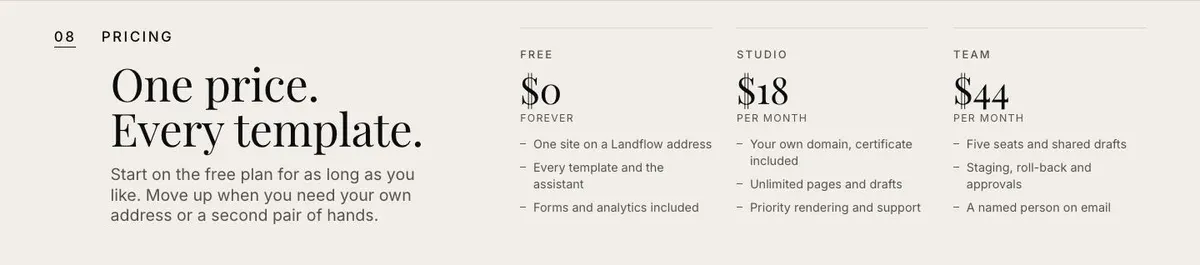 Website Builder Studio template — Pricing section