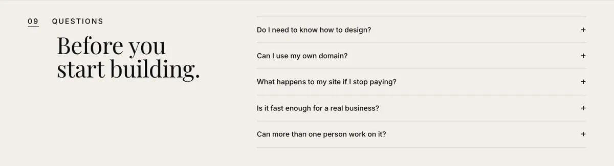 Website Builder Studio template — Questions section