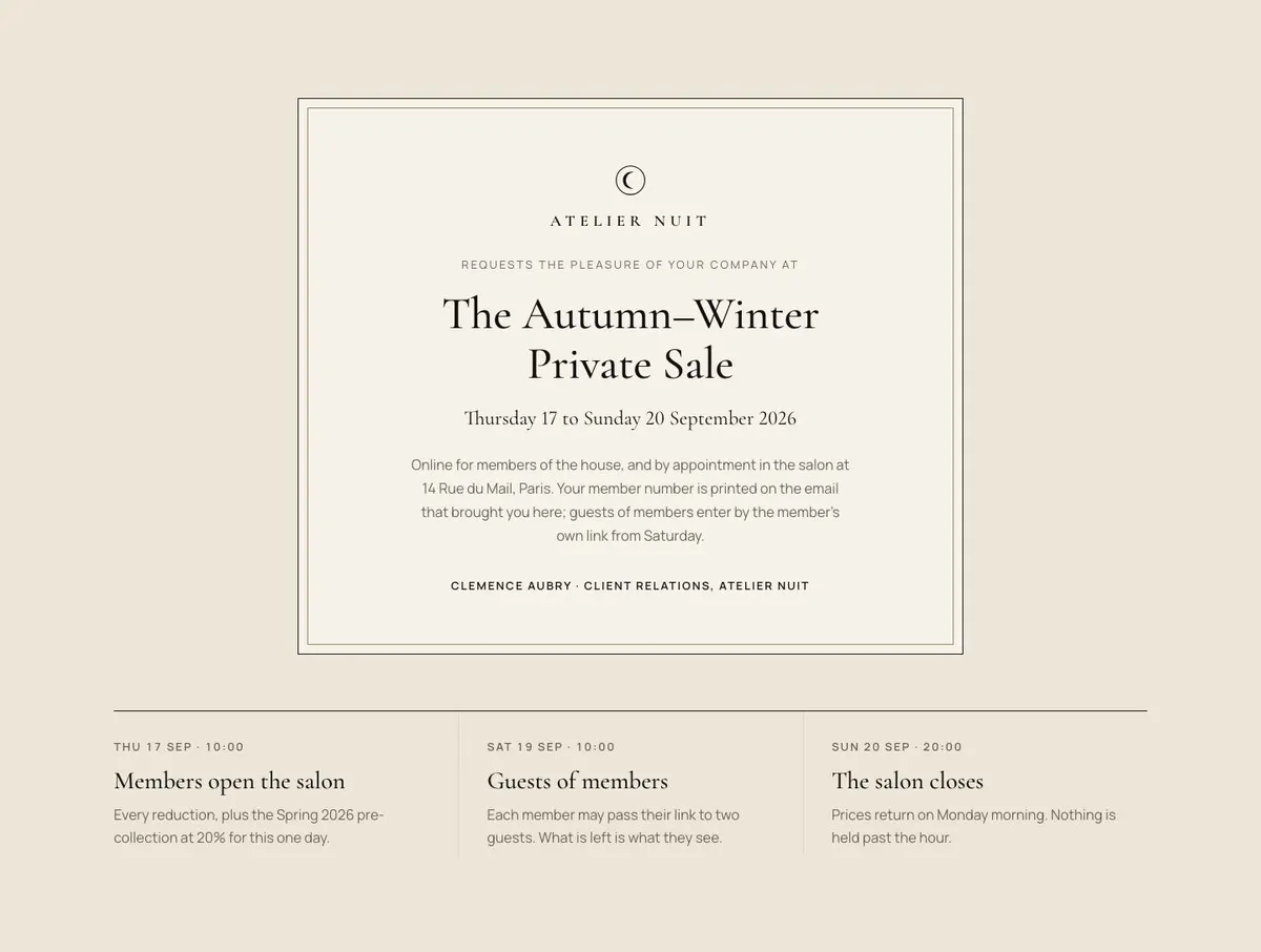 Private Salon Sale template — Invitation section